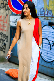 beige dress, céline, graphic dress, nausheen shah, necklace, printed dress, red dress, watch, white pants, fashion week, frenchystyle, FW, jonathan paciullo, street style, MFW, MILAN, SPRING SUMMER 2019, SS 19, vertical, atmosphere details, detail