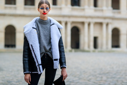 black jacket, drawings, eyelashes, eyeliner, eyeshadow, grey sweater, leather jacket, red lips, shearling, trousers, white fur, fashion week, frenchystyle, FW, jonathan paciullo, street style, PFW, PARIS, SPRING SUMMER 2017, SS 17, HAUTE COUTURE, atmosphere details, detail, horizontal, model