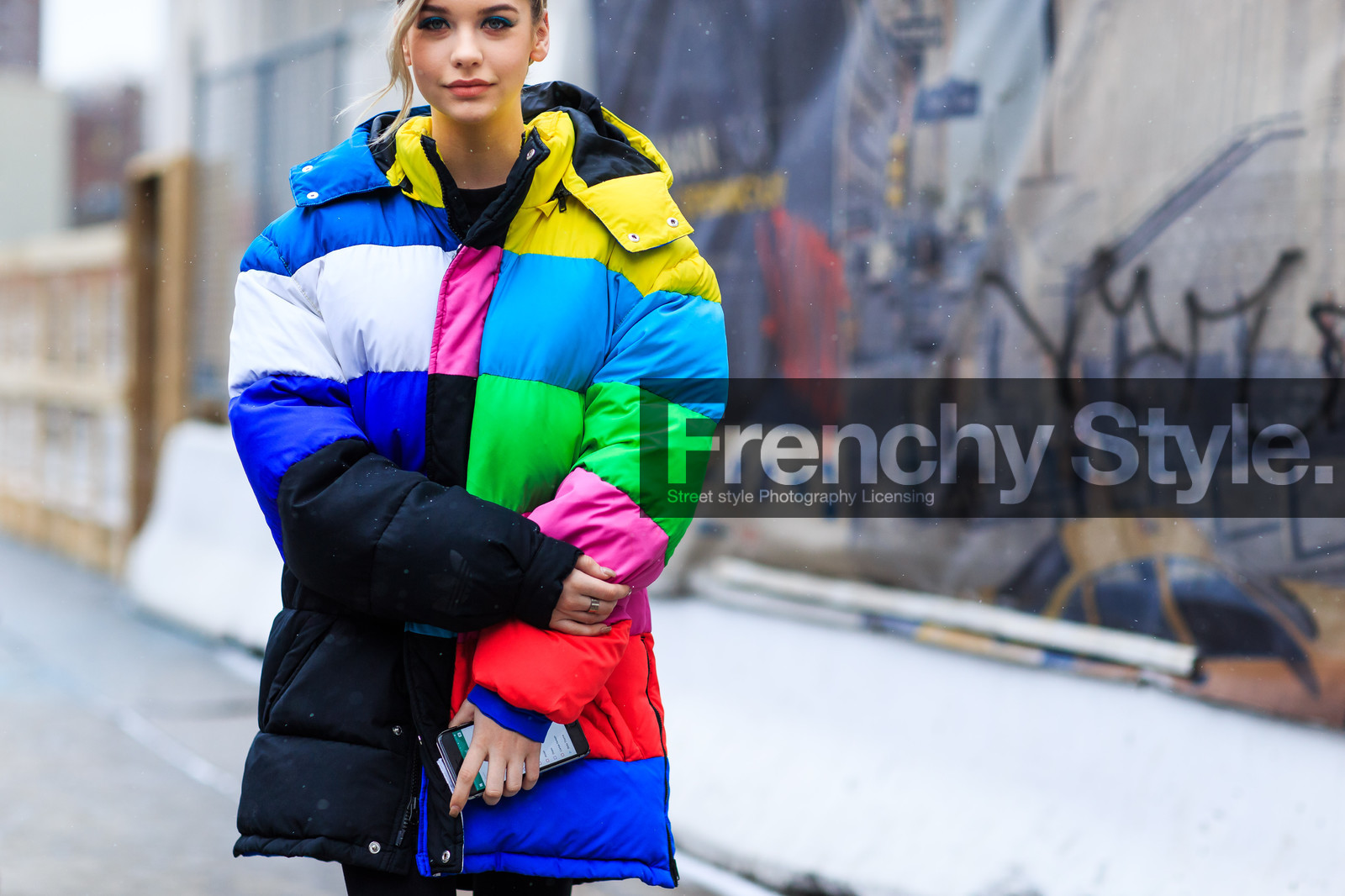 amanda steele, atmosphere details, AUTUMN WINTER 2016-2017, AW 16-17, blue, detail, down jacket, fashion week, frenchystyle, fuschia, FW, FW 16-17, geometric, graphic, graphic coat, graphic jacket, green, horizontal, jonathan paciullo, model, multicolor, multicolor jacket, navy, NEW YORK, NYFW, pink, red, street style, stripes, turquoise, woman, yellow