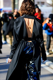 black jacket, black pants, necklace, open back, trousers, vinyl, MILAN, MFW, fashion week, frenchystyle, FW, jonathan paciullo, street style, AUTUMN WINTER 2019-2020, AW 19-20, FALL WINTER 2019-2020, FW 19-20, vertical, atmosphere details, detail