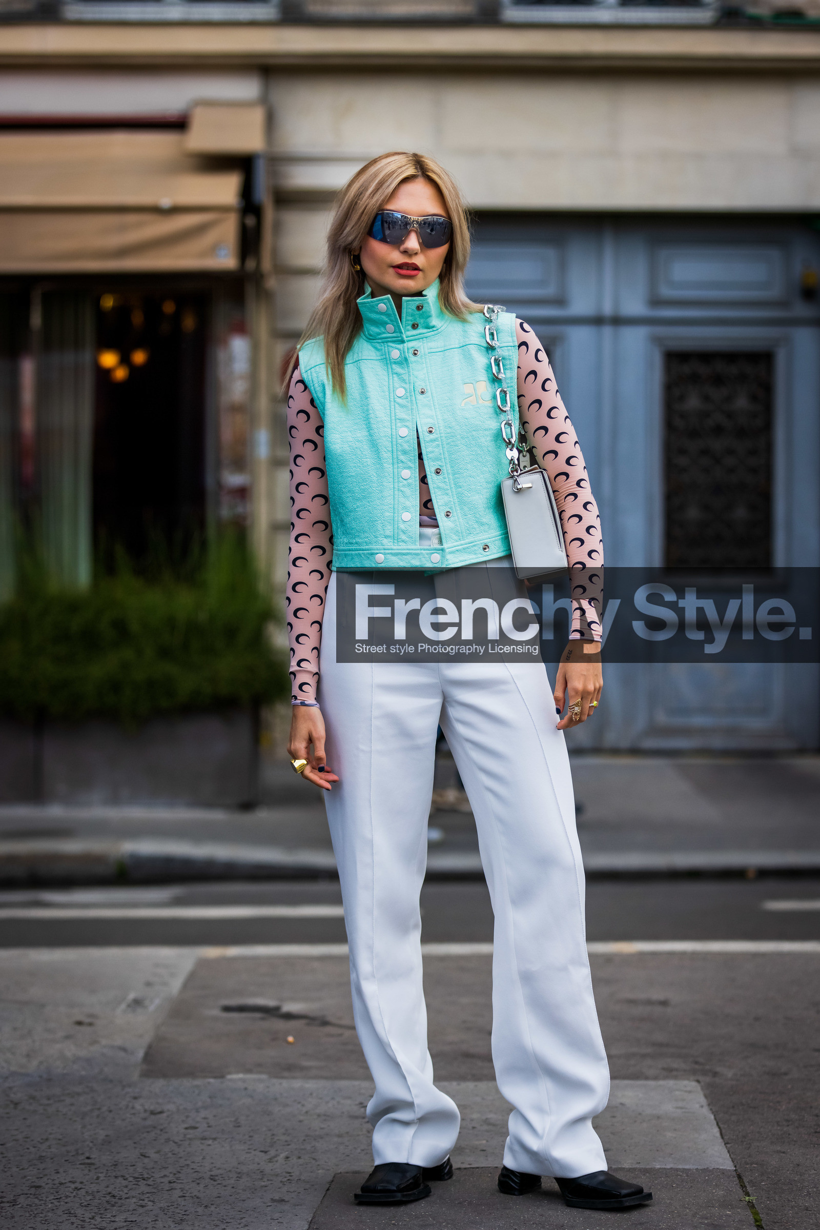 bag, black boots, blue jacket, boots, color, courreges jacket, jacket, leather jacket, marine serre top, mask sunglasses, mint jacket, nude top, pants, printed top, sleveless jacket, sunglasses, top, white bag, white pants, street style, jonathan paciullo, FW, frenchystyle, fashion week, PFW, PARIS, SPRING SUMMER 2022, SS 22, vertical, full length