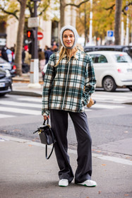 bag, balaclava, beanie, black bag, cagoule, Camille Charrière, checked jacket, flare pants, green jacket, grey hat, grey pants, hat, hermes bag, jacket, large pants, leather bag, pants, print, sneakers, tartan print, white sneakers, wool beanie, zipped jacket, fashion week, frenchystyle, FW, jonathan paciullo, street style, PFW, PARIS, SPRING SUMMER 2022, SS 22, vertical, full length
