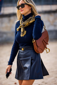 Anne Laure Mais, bag, black sunglasses, camel bag, dior look, leather bag, leather skirt, navy skirt, navy turtleneck, rayban, saddle bag, scarf, sunglasses, turtleneck, yellow scarf, street style, jonathan paciullo, FW, frenchystyle, fashion week, PFW, PARIS, SPRING SUMMER 2022, SS 22, vertical, atmosphere details