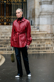 maria bernad, red scarf, hair scarf, printed scarf, black cardigan, embroidered cardigan, beige parka, beige pants, fashion week, frenchystyle, FW, jonathan paciullo, street style, PFW, PARIS, vertical, full length