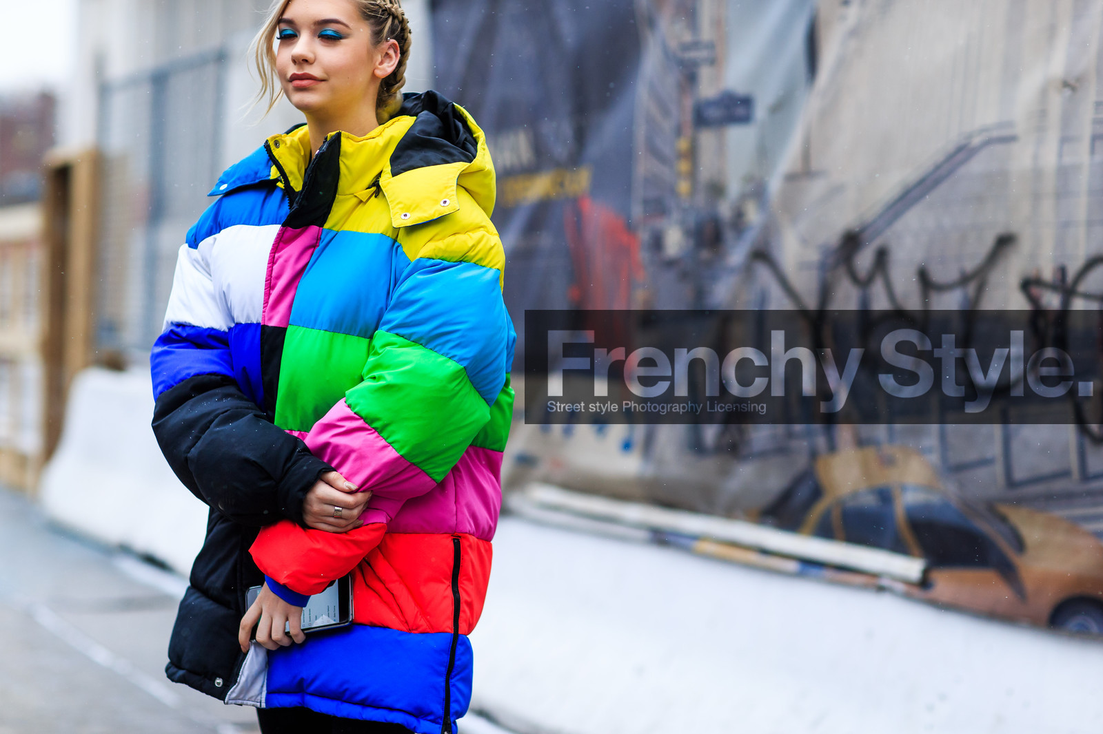 amanda steele, atmosphere details, AUTUMN WINTER 2016-2017, AW 16-17, blue, detail, down jacket, fashion week, frenchystyle, fuschia, FW, FW 16-17, geometric, graphic, graphic coat, graphic jacket, green, horizontal, jonathan paciullo, model, multicolor, multicolor jacket, navy, NEW YORK, NYFW, pink, red, street style, stripes, turquoise, woman, yellow
