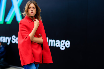 atmosphere details, blue denim, cape, denim pants, detail, fashion week, frenchystyle, FW, horizontal, jeans, jonathan paciullo, LFW, LONDON, marta represa, red coat, red jacket, SPRING SUMMER 2017, SS 17, street style, trousers, woman