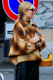 black pants, brown shirt, camel bag, checked, earrings, graphic jacket, leather bag, leather pants, plaid, printed jacket, sunglasses, trousers, yellow bag, MILAN, MFW, fashion week, frenchystyle, FW, jonathan paciullo, street style, AUTUMN WINTER 2019-2020, AW 19-20, FALL WINTER 2019-2020, FW 19-20, vertical, atmosphere details, detail