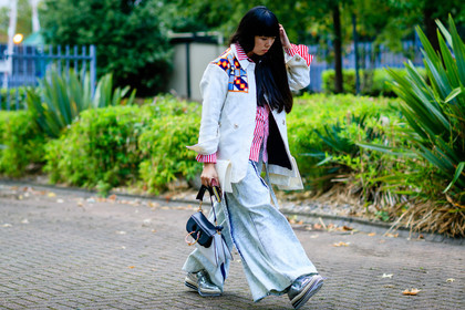 atmosphere details, beige jacket, black and white bag, blue denim, denim pants, embroidered jacket, fashion week, frenchystyle, full length, FW, horizontal, jeans, jonathan paciullo, jw anderson, leather bag, leather shoes, LFW, LONDON, patchwork, red shirt, shiny shoes, silver shoes, SPRING SUMMER 2017, SS 17, street style, striped shirt, susie lau, trousers, woman