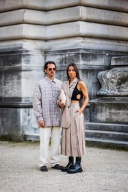 Alice Barbier, asymetrical blazer, bag, beige blazer, beige shirt, beige skirt, black boots, black top, blazer, boots, couple, duo, ecru bag, ecru pants, jean, Jean-Sebastien Roques, margiela bag, menswear, pants, pleated skirt, shirt, skirt, sunglasses, tartan shirt, street style, jonathan paciullo, FW, frenchystyle, fashion week, PFW, PARIS, SPRING SUMMER 2022, SS 22, vertical, full length