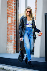 black bag, black jacket, black shoes, blue denim, chains, denim pants, gucci, high heels, jeans, leather bag, leather jacket, leather shoes, printed t shirt, studs, sunglasses, trousers, white t shirt, fashion week, frenchystyle, FW, jonathan paciullo, street style, MFW, MILAN, AUTUMN WINTER 2018-2019, FALL WINTER 2018-2019, FW 18-19, vertical, full length, helena bordon