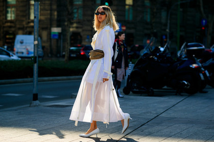 fanny pack, leather bag, leather shoes, see through, sunglasses, white dress, white shoes, MILAN, MFW, fashion week, frenchystyle, FW, jonathan paciullo, street style, AUTUMN WINTER 2019-2020, AW 19-20, FALL WINTER 2019-2020, FW 19-20, atmosphere details, full length, horizontal