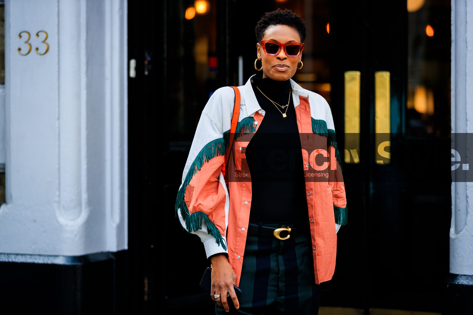 black belt, donna wallace, earrings, fringes, graphic jacket, graphic pants, green pants, leather bag, leather belt, loewe, orange bag, orange jacket, printed jacket, printed pants, striped pants, sunglasses, trousers, fashion week, frenchystyle, FW, jonathan paciullo, street style, LFW, LONDON, SPRING SUMMER 2019, SS 19, atmosphere details, horizontal, detail