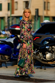 jeanette madsen, floral printed dress, long sleeves dress, long dress, beige dress, black dress, pink dress, green leather bag, studs details bag, chain strap bag, doc marteens shoes, black leather boots, laced boots, fashion week, frenchystyle, FW, jonathan paciullo, street style, MFW, MILAN, SPRING SUMMER 2020, SS 20