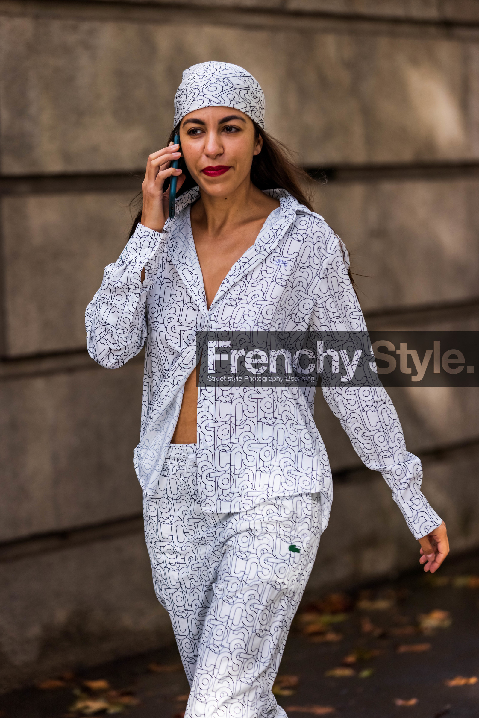 black and white, Fadela, head scarf, lacoste look, logo print, pants, print, printed pants, printed scarf, printed shirt, red lips, scarf, shirt, white pants, white scarf, white shirt, lacoste, fashion week, frenchystyle, FW, jonathan paciullo, street style, PFW, PARIS, SPRING SUMMER 2022, SS 22, vertical, atmosphere details