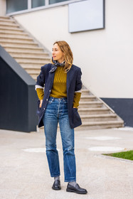 Alexandra Golovanoff, black loafers, black mocassins, blazer, blue denim, blue jean, denim, jean, khaki knitwear, knitwear, loafers, mocassins, navy blazer, navy scarf, printed scarf, scarf, striped blazer, stripes, PARIS, PFW, fashion week, frenchystyle, FW, jonathan paciullo, street style, SPRING SUMMER 2022, SS 22, vertical, full length