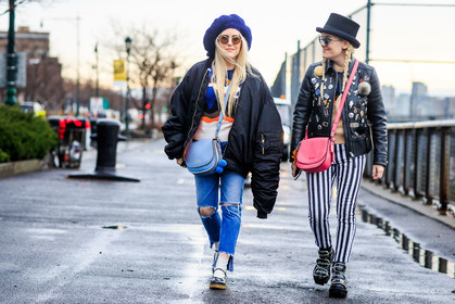 alexander wang, atmosphere details, AUTUMN WINTER 2016-2017, AW 16-17, babies, black boots, black hat, black jacket, black perfecto, black shoes, blue bag, blue beanie, blue denim, bomber jacket, Cailli and Sam Beckerman, chanel, denim pants, embroidered jacket, embroideries, fashion week, frenchystyle, full length, FW, FW 16-17, geometric, graphic, graphic pants, group of people, grunge, horizontal, jeans, jonathan paciullo, leather bag, leather jacket, leather perfecto, leather shoes, NEW YORK, NYFW, oversize, pink bag, pompons, printed bag, ranger boots, ripped pants, street style, striped pants, stripes, studs, sunglasses, trousers, varnished leather shoes, white socks, woman