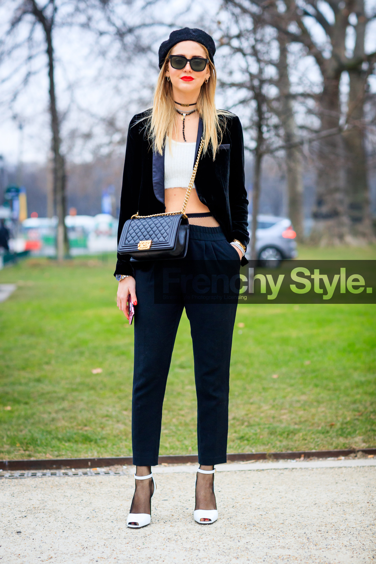 black bag, black cap, black jacket, black pants, blazer, boy bag, chanel, choker, crop top, high heels, leather bag, leather shoes, necklace, sunglasses, trousers, velvet, white shoes, white top, fashion week, frenchystyle, FW, jonathan paciullo, street style, PFW, PARIS, SPRING SUMMER 2017, SS 17, HAUTE COUTURE, vertical, full length, chiara ferragni