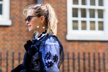 atmosphere details, black dress, chelsea leyland, detail, earrings, fashion week, flowers, frenchystyle, FW, horizontal, jonathan paciullo, LFW, LONDON, pearls, ponytail, see through, SPRING SUMMER 2018, SS 18, street style, white shirt