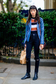 black boots, black denim, black pants, blue jacket, denim pants, fashion week, frenchystyle, full length, FW, jeans, jonathan paciullo, leather jacket, leather perfecto, leather shoes, LFW, LONDON, model, printed t shirt, SPRING SUMMER 2017, SS 17, street style, trousers, vertical, woman