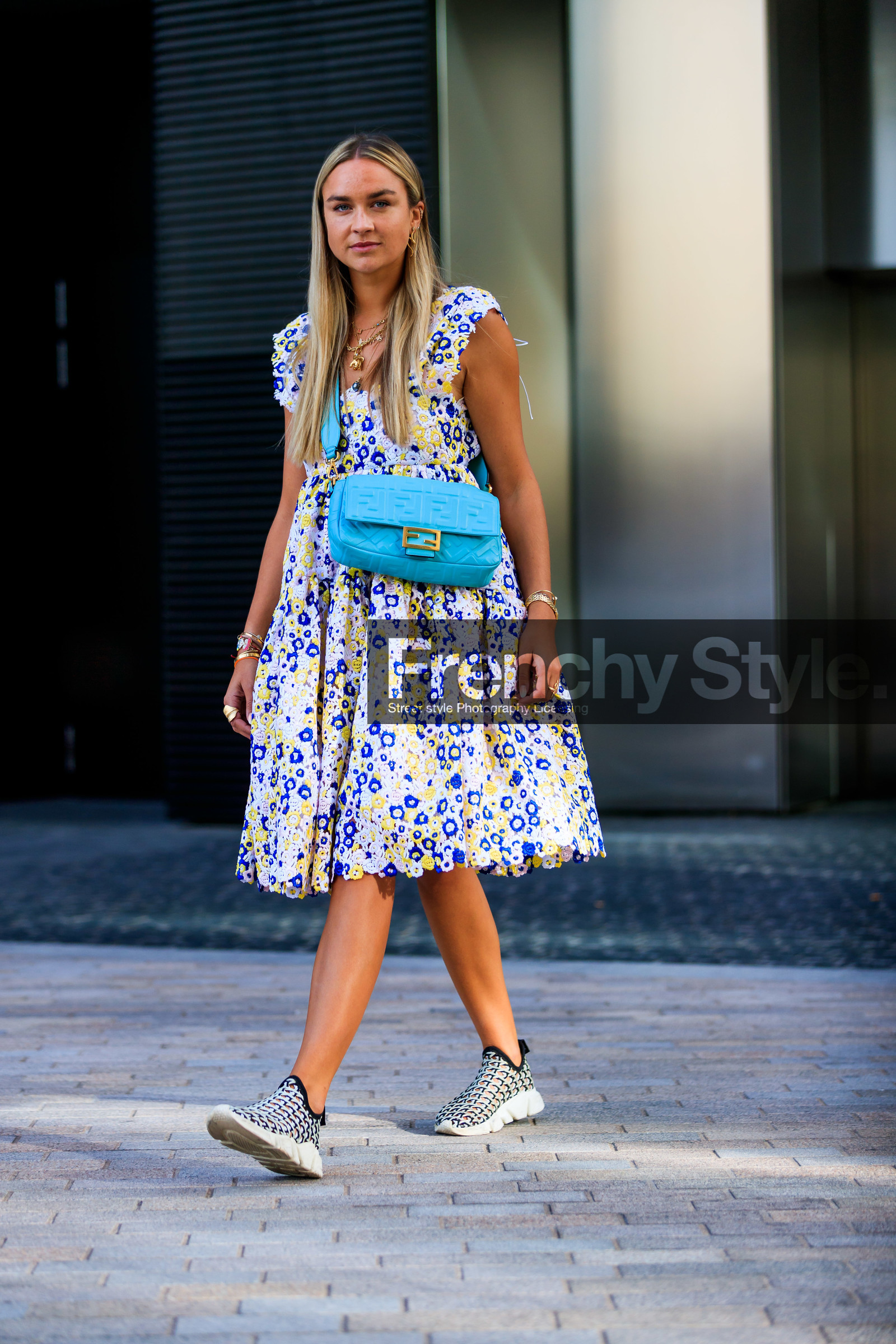 animals charms necklace, cartier watch, crossbody bag, fendi baguette bag, flower embroidered dress, golden bracelet, golden earrings, golden necklace, golden watch, light blue leather bag, monogrammed bag, multi bracelet, multi earrings, multi necklace, plaited shoes, snake earring, plaited sneakers, fashion week, frenchystyle, FW, jonathan paciullo, street style, vertical, full length