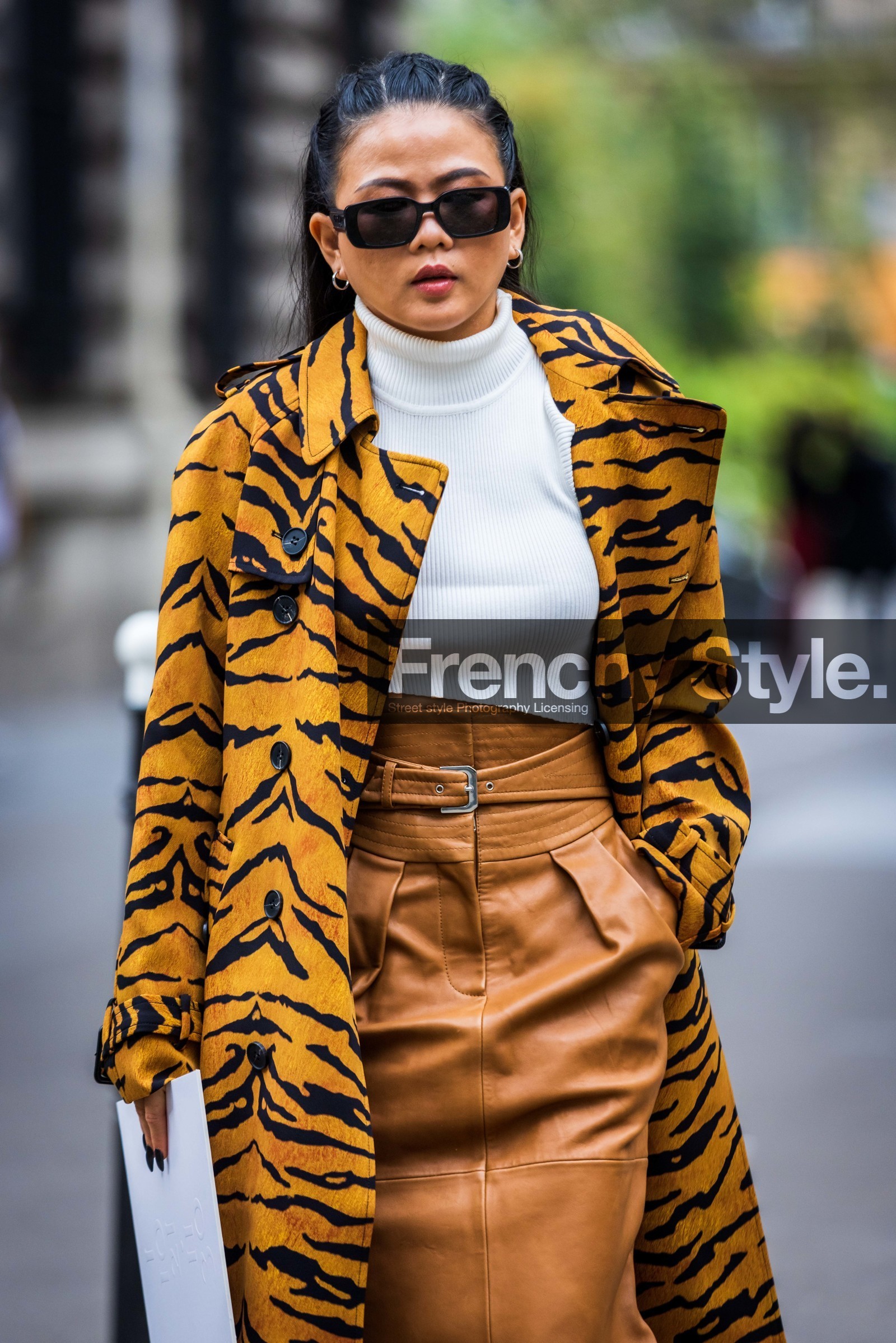animal print, beige black sunglasses, camel skirt, coat, leather skirt, Nichapat Suphap, printed coat, skirt, sunglasses, tiger print, turtleneck, white turtleneck, yellow coat, street style, jonathan paciullo, FW, frenchystyle, fashion week, PFW, PARIS, SPRING SUMMER 2022, SS 22, vertical, atmosphere details