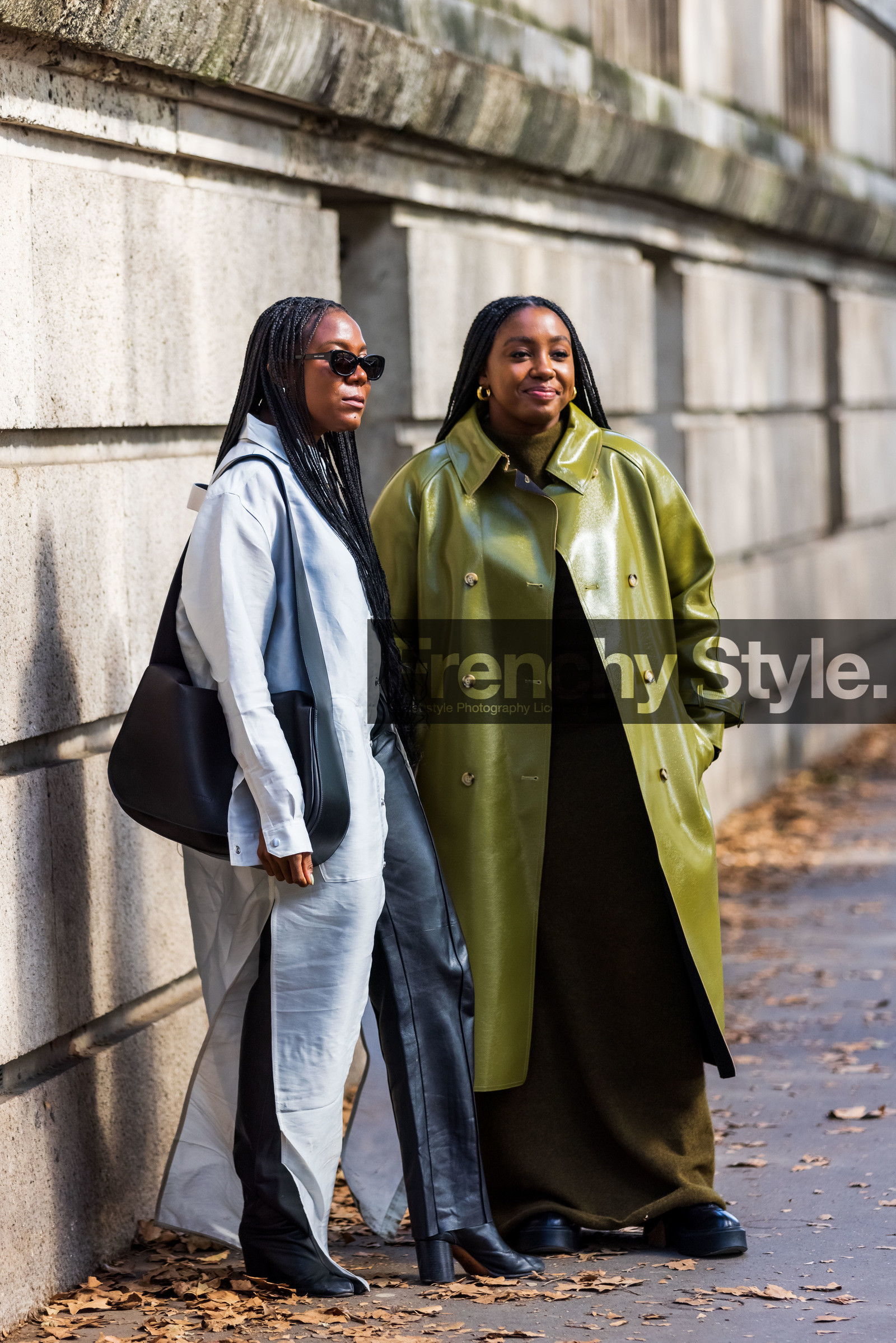 bag, black bag, black pants, boots, coat, dress, duo, green coat, Jessica Willis, kakhi dress, leather bag, leather coat, leather pants, Lindsay Peoples Wagner, long dress, long shirt, oversize bag, pants, shirt, sunglasses, white shirt, street style, jonathan paciullo, FW, frenchystyle, fashion week, PFW, PARIS, SPRING SUMMER 2022, SS 22, vertical, full length