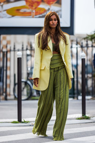 blazer, color, fringes, green bra, green crop top, green pants, hight waist pants, large pants, lines, Nidhi Sunil, pants, print, printed pants, ribbed bra, ribbed crop top, striped pants, stripes, yellow blazer, fashion week, frenchystyle, FW, jonathan paciullo, street style, PFW, PARIS, SPRING SUMMER 2022, SS 22, vertical, full length