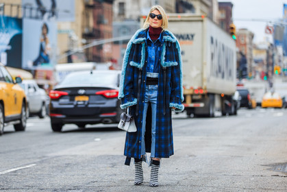 atmosphere details, AUTUMN WINTER 2016-2017, AW 16-17, black and white, blue, blue coat, blue denim, blue fur, checked boots, checked coat, denim jacket, denim pants, fashion week, frenchystyle, full length, fur collar, FW, FW 16-17, graphic shoes, grey, grey bag, high boots, high heels, horizontal, jeans, jonathan paciullo, leather bag, NEW YORK, NYFW, patchwork, plaid, sofie valkiers, street style, sunglasses, trousers, turtleneck sweater, woman