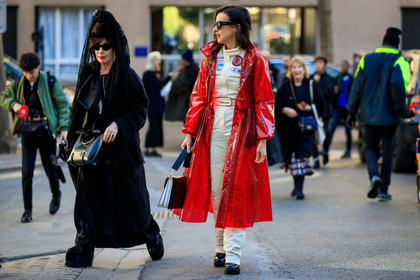 beige jumpsuit, black and white bag, black bag, black dress, black jacket, black scarf, black shoes, leather bag, leather shoes, marine serre, rain coat, red coat, sunglasses, tone on tone, total look black, trousers, fashion week, frenchystyle, FW, jonathan paciullo, street style, PFW, PARIS, AUTUMN WINTER 2019-2020, AW 19-20, FALL WINTER 2019-2020, FW 19-20, horizontal, atmosphere details, full length