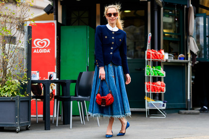 blue denim, blue jacket, blue shoes, denim skirt, embroidered bag, fendi, glitter, graphic bag, graphic skirt, leather bag, leather shoes, micol sabbadini, printed bag, printed skirt, red bag, sequined bag, shiny bag, sunglasses, white shirt, MILAN, MFW, fashion week, frenchystyle, FW, jonathan paciullo, street style, AUTUMN WINTER 2019-2020, AW 19-20, FALL WINTER 2019-2020, FW 19-20, atmosphere details, full length, horizontal