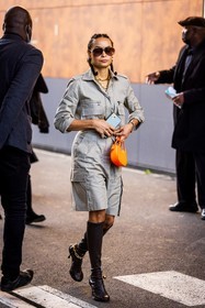 aviator sunglasses, bag, bermuda, boots, brown sunglasses, gold chain, grey bermuda, grey shirt, high boots, leather bag, leather boots, necklace, orange bag, shirt, small bag, sunglasses, street style, jonathan paciullo, FW, frenchystyle, fashion week, PFW, PARIS, SPRING SUMMER 2022, SS 22, vertical, full length