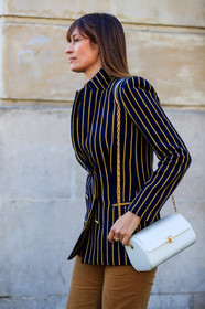 blazer, camel pants, caroline de maigret, corduroy, graphic jacket, leather bag, navy jacket, printed jacket, striped jacket, trousers, white bag, PARIS, PFW, street style, jonathan paciullo, FW, frenchystyle, fashion week, AUTUMN WINTER 2019-2020, AW 19-20, FALL WINTER 2019-2020, FW 19-20, vertical, atmosphere details, detail