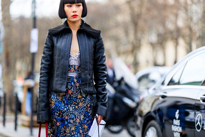 atmosphere details, AUTUMN WINTER 2017-2018, AW 17-18, black jacket, black perfecto, blue dress, detail, earrings, embroidered dress, FALL WINTER 2017-2018, fashion week, frenchystyle, FW, FW 17-18, horizontal, jonathan paciullo, leather jacket, leather perfecto, mademoiselle yulia, PARIS, PFW, printed dress, red lips, sequined dress, street style
