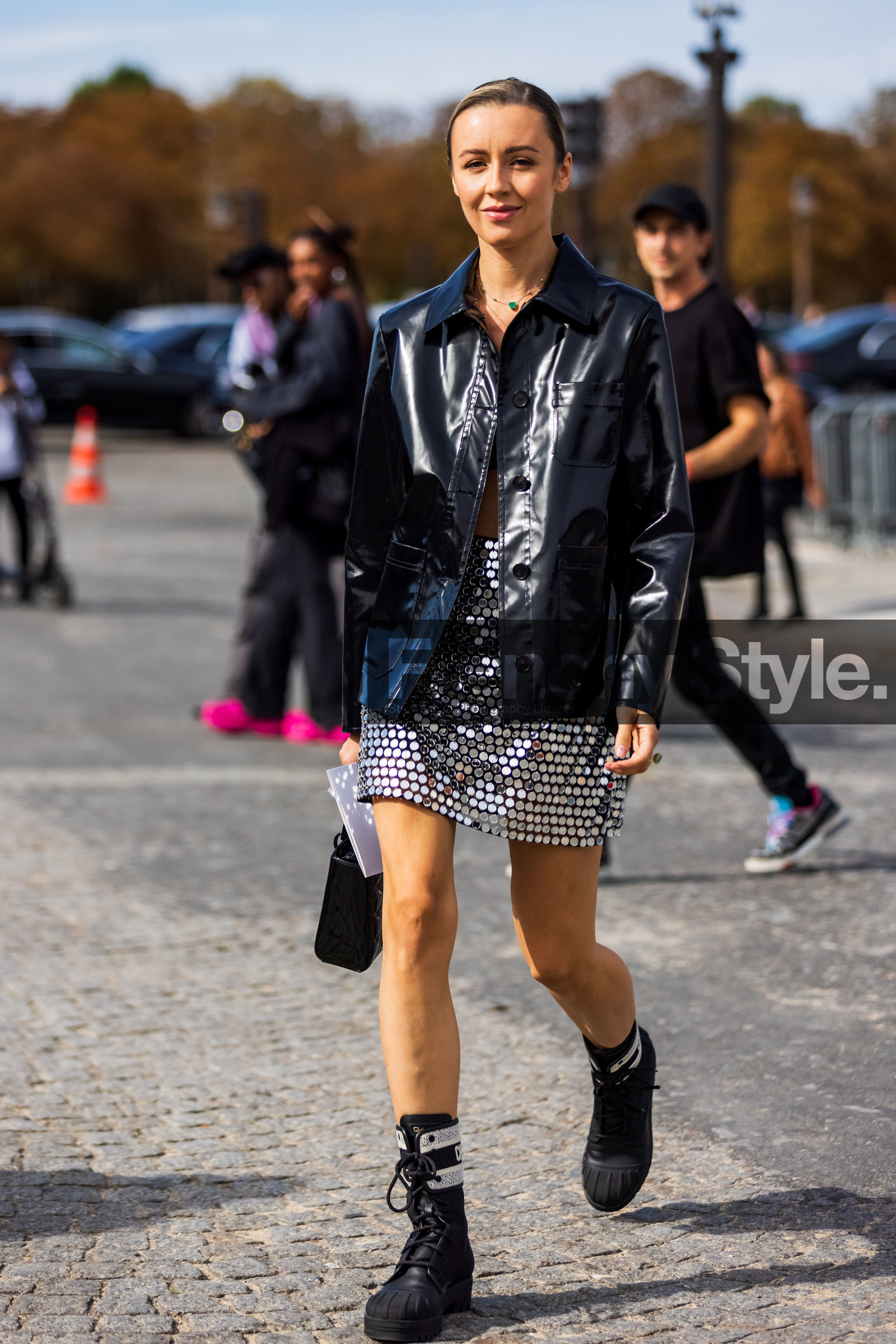 black bag, black boots, black jacket, boots, dior look, jacket, lace up boots, Nataly Osmann, sequin skirt, silver skirt, skirt, vinyl jacket, street style, jonathan paciullo, FW, frenchystyle, fashion week, PFW, PARIS, SPRING SUMMER 2022, SS 22, vertical, full length