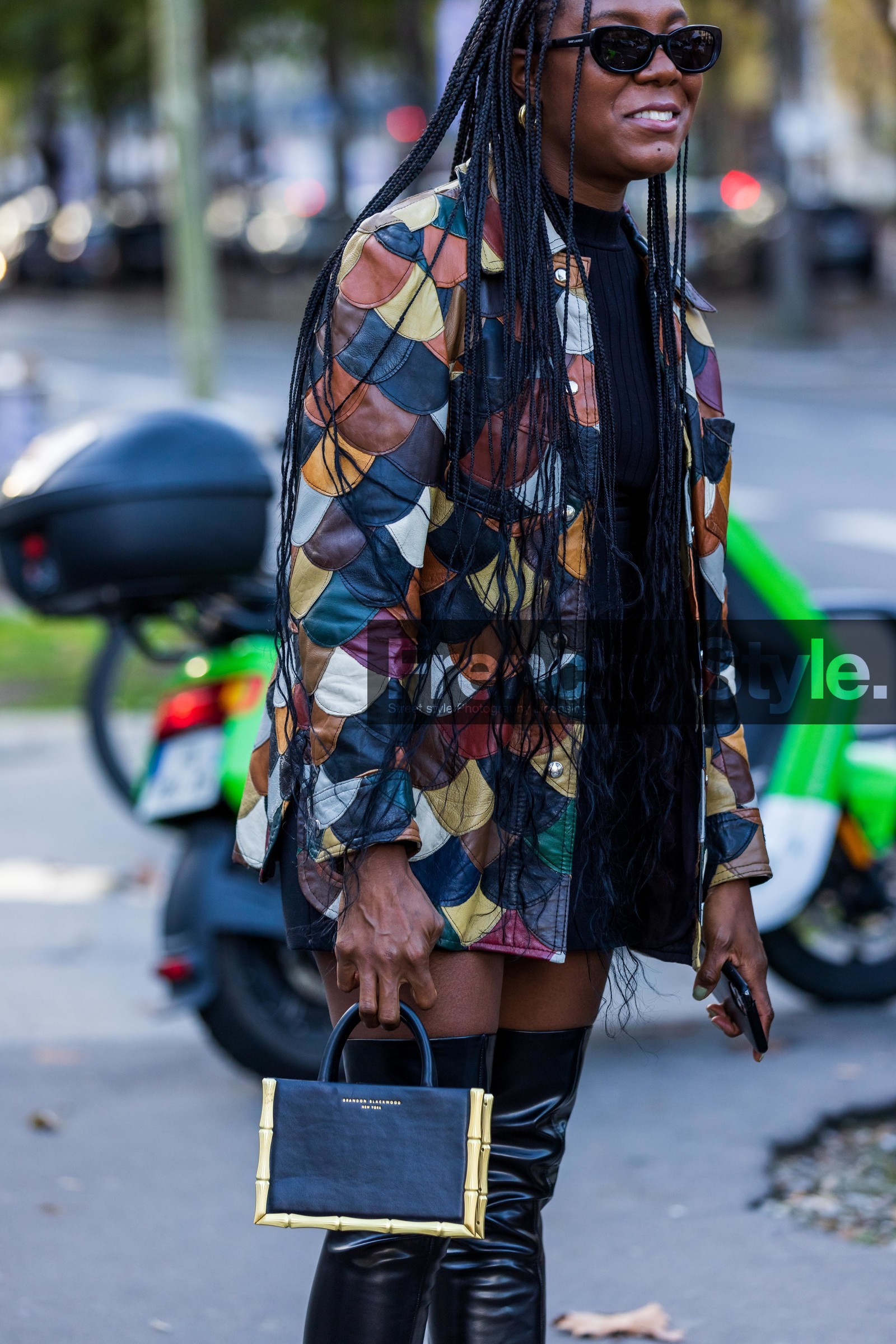 bead bracelet, black bag, black boots, black sunglasses, black top, bracelet, brown jacket, close up, colored jacket, detail, gold bracelet, gucci bag, high boots, jacket, Jessica Willis, leather jacket, multicolor, pastel bag, patchwork, pearl bracelet, pink bag, pink pants, print, printed jacket, ring, small bag, sunglasses, fashion week, frenchystyle, FW, jonathan paciullo, street style, PFW, PARIS, SPRING SUMMER 2022, SS 22, vertical, atmosphere details