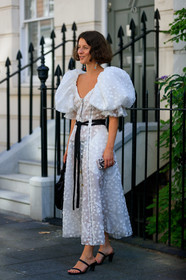 black and white look, white dress, balloon sleeves, taffeta dress, polka dots dress, button dress, black belt, black leather sandals, black leather slippers, kitten heel sandals, bottega veneta bag, satin bag, long dress, multicolor earrings, strassed earrings, fashion week, frenchystyle, FW, jonathan paciullo, street style, vertical, full length