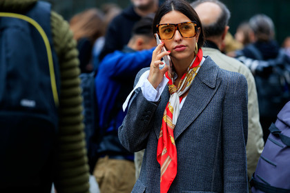 bettina looney, close up detail, scarf, printed scarf, red scarf, white scarf, square shape glasses, yellow sunglasses, scale sunglasses, big sunglasses, dark grey jacket, checked jacket, lurex jacket, fashion week, frenchystyle, FW, jonathan paciullo, street style, MFW, MILAN, SPRING SUMMER 2020, SS 20
