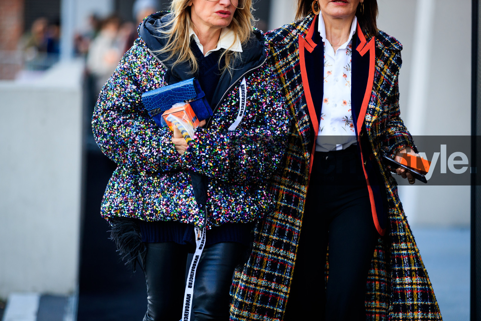 black pants, blazer, blue bag, checked, down jacket, floral, flowers, glitter, graphic jacket, leather bag, leather pants, multicolor jacket, plaid, printed jacket, printed shirt, sequined jacket, trousers, tweed coat, white shirt, fashion week, frenchystyle, FW, jonathan paciullo, street style, MFW, MILAN, AUTUMN WINTER 2018-2019, FALL WINTER 2018-2019, FW 18-19, horizontal, atmosphere details