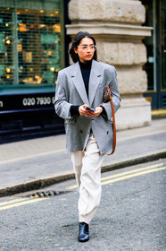 black shoes, checked, gingham, grey jacket, leather bag, leather shoes, plaid, sunglasses, trousers, white pants, street style, jonathan paciullo, FW, frenchystyle, fashion week, LFW, LONDON, AUTUMN WINTER 2019-2020, AW 19-20, FW 19-20, FALL WINTER 2019-2020, vertical, full length