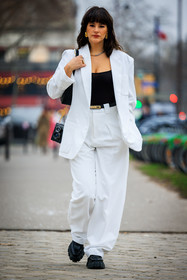 embroidered jacket, studded jacket, chanel, flared pants, black trousers, baggy pants, embroidered pants, white jacket, tweed jacket, long hair, haut couture, fashion week, frenchystyle, FW, jonathan paciullo, street style, PARIS, PFW, SPRING SUMMER 2022, SS 22, full length, vertical