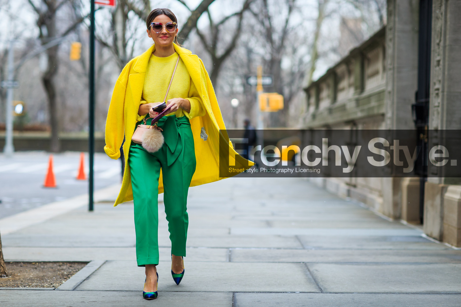 atmosphere details, AUTUMN WINTER 2016-2017, AW 16-17, blue heels, fashion week, fendi, frenchystyle, full length, FW, FW 16-17, green pants, high heels, horizontal, jonathan paciullo, leather bag, mini bag, NEW YORK, nude bag, NYFW, street style, sunglasses, trousers, woman, yellow coat, yellow knit
