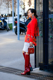 aimee song, bracelet, chloé, graphic jacket, graphic skirt, high boots, high heels, lace skirt, leather bag, leather shoes, printed jacket, printed skirt, red bag, red boots, red shirt, red sweater, white skirt, PARIS, PFW, street style, jonathan paciullo, FW, frenchystyle, fashion week, AUTUMN WINTER 2019-2020, AW 19-20, FALL WINTER 2019-2020, FW 19-20, vertical, full length