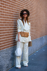 beige bag, blazer, brown hat, chloe loulou de saison, fanny pack, fendi, fur hat, leather bag, monogram, sunglasses, trousers, white bag, white jacket, white pants, white suit, MILAN, MFW, fashion week, frenchystyle, FW, jonathan paciullo, street style, AUTUMN WINTER 2019-2020, AW 19-20, FALL WINTER 2019-2020, FW 19-20, vertical, full length