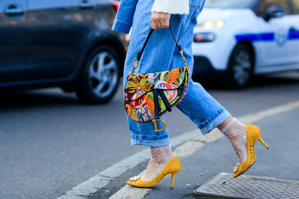 blue denim, christian dior, denim pants, graphic bag, high heels, jeans, leather bag, leather shoes, multicolor bag, printed bag, saddle bag, satin stitch, trousers, white socks, yellow shoes, MILAN, MFW, fashion week, frenchystyle, FW, jonathan paciullo, street style, AUTUMN WINTER 2019-2020, AW 19-20, FALL WINTER 2019-2020, FW 19-20, atmosphere details, detail, horizontal
