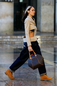 hera pradel, timberland shoes, camel suede boots, laced boots, flat boots, hiking boots, blue jeans, boyfriend jeans, brown leather bag, hand bag, monogrammed bag, louis vuitton bag, light beige jacket, openwork jacket, red scarf, tatoo, denim, fashion week, frenchystyle, FW, jonathan paciullo, street style, PFW, PARIS, vertical, full length