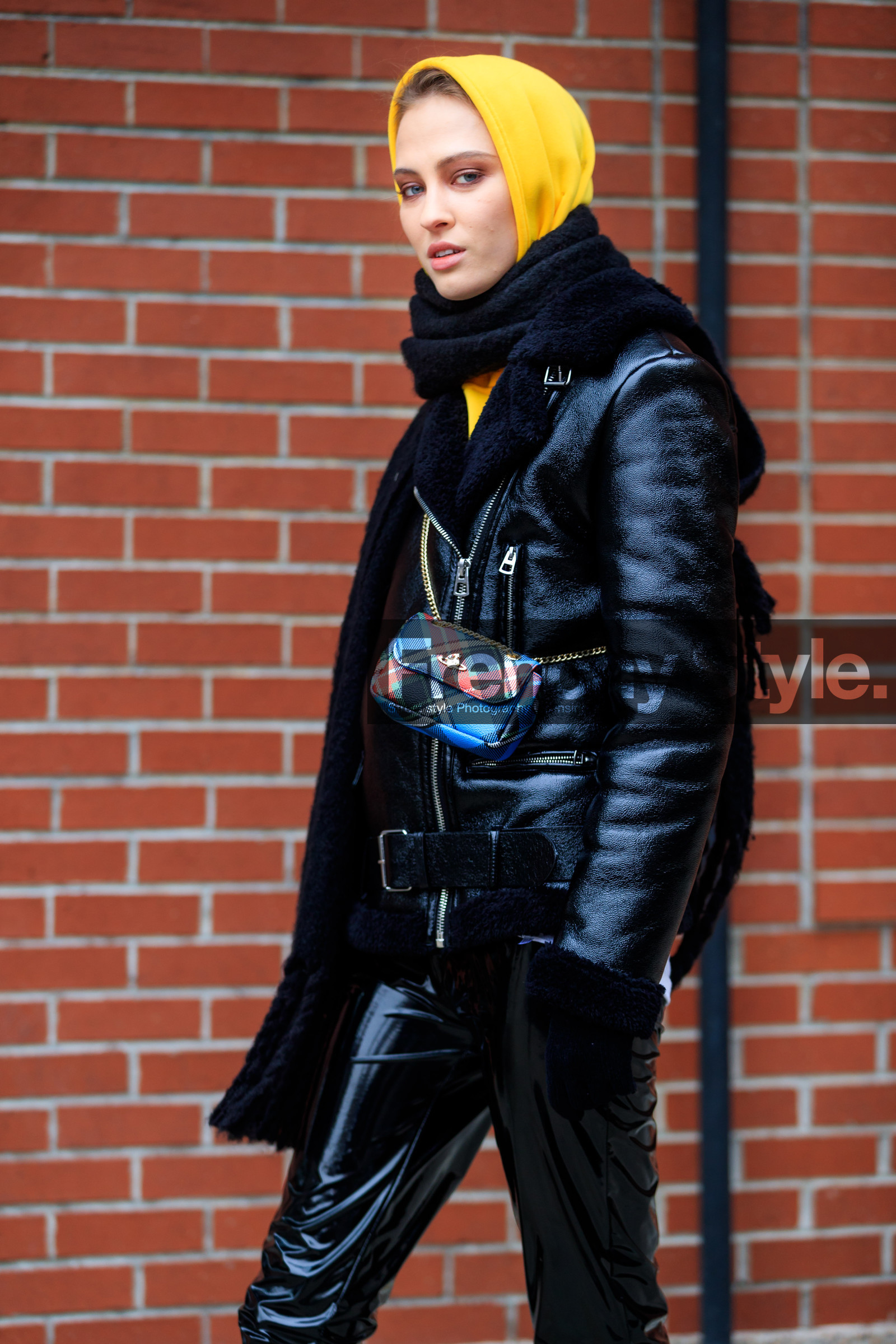 black jacket, black pants, black scarf, blue bag, graphic bag, hoodie, leather bag, leather jacket, leather pants, printed bag, shearling, tartan, trousers, yellow sweater, street style, jonathan paciullo, FW, frenchystyle, fashion week, NYFW, NEW YORK, AUTUMN WINTER 2018-2019, AW 18-19, FALL WINTER 2018-2019, FW 18-19, vertical, atmosphere details, detail, model