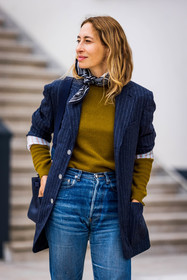 Alexandra Golovanoff, blazer, blue denim, blue jean, denim, jean, khaki knitwear, knitwear, navy blazer, navy scarf, printed scarf, scarf, striped blazer, stripes, PARIS, PFW, fashion week, frenchystyle, FW, jonathan paciullo, street style, SPRING SUMMER 2022, SS 22, vertical, atmosphere details