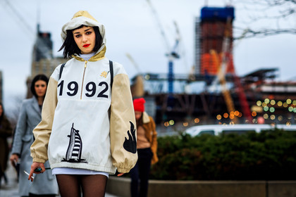 atmosphere details, AUTUMN WINTER 2016-2017, AW 16-17, beige jacket, black, detail, fashion week, frenchystyle, FW, FW 16-17, gold, golden details, hood, horizontal, jonathan paciullo, message, NEW YORK, NYFW, printed jacket, street style, white, woman, yellow