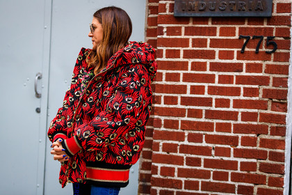 blue denim, denim pants, graphic jacket, jeans, printed jacket, red jacket, sunglasses, trousers, street style, jonathan paciullo, FW, frenchystyle, fashion week, NYFW, NEW YORK, AUTUMN WINTER 2018-2019, AW 18-19, FALL WINTER 2018-2019, FW 18-19, atmosphere details, horizontal, detail