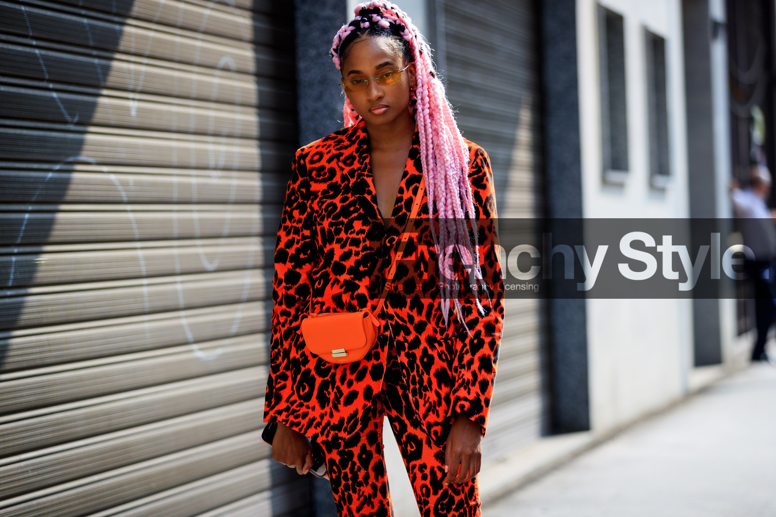 animal print, blazer, braids, candace marie, dyed hair, graphic jacket, graphic pants, graphic suit, leather bag, leopard, pink hair, printed jacket, printed pants, printed suit, red bag, red jacket, red pants, red suit, sunglasses, trousers, fashion week, frenchystyle, FW, jonathan paciullo, street style, MFW, MILAN, SPRING SUMMER 2019, SS 19, atmosphere details, horizontal, detail
